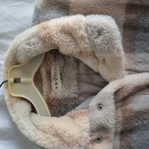 AMOLI  Plaid Teddy Jacket Polyester Plush Faux Fur Size S Great Condition - Picture 4 of 15